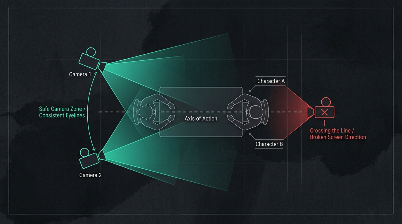 The 180-degree rule in virtual camera space: keeping cameras on the safe side of the axis of action