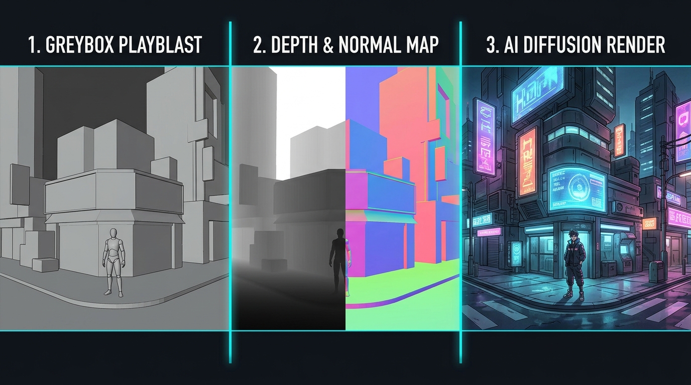 From 3D blockout to conditioning passes (Z-depth and surface normals) to final AI diffusion render