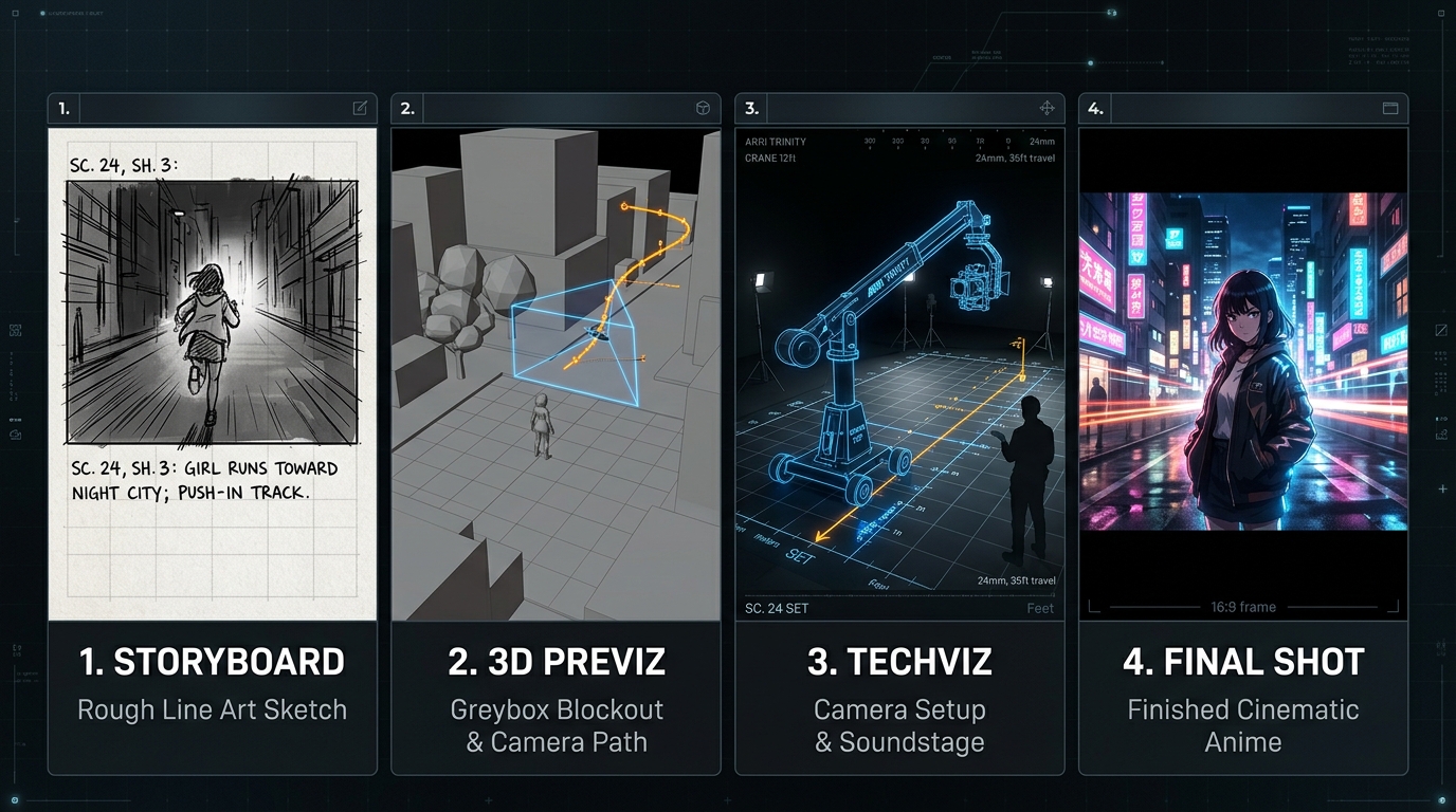 The four stages of sequence production: Storyboard sketch, 3D Previz greybox, Techviz camera setup, and Final Anime Shot