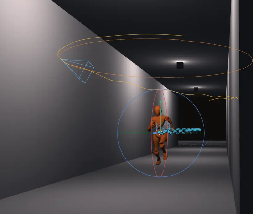 A 3D character rig with motion paths and camera track in the editor viewport.