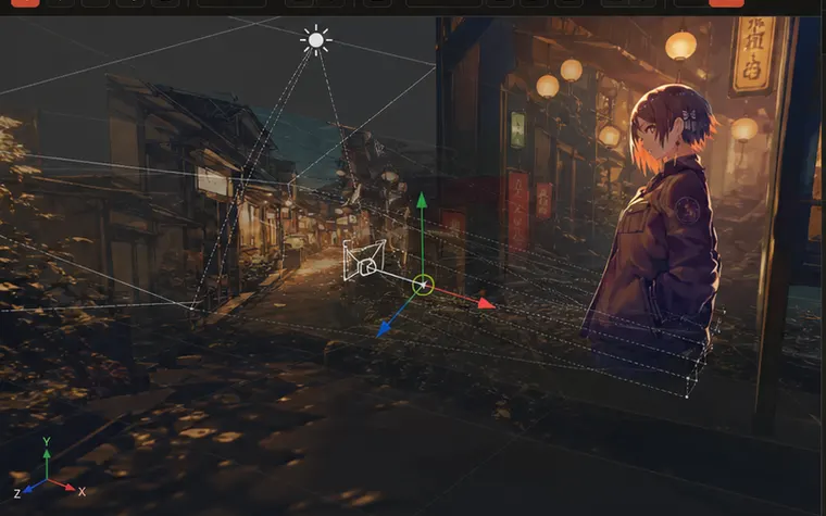 A generated night-street scene with a character on the cinematics canvas.